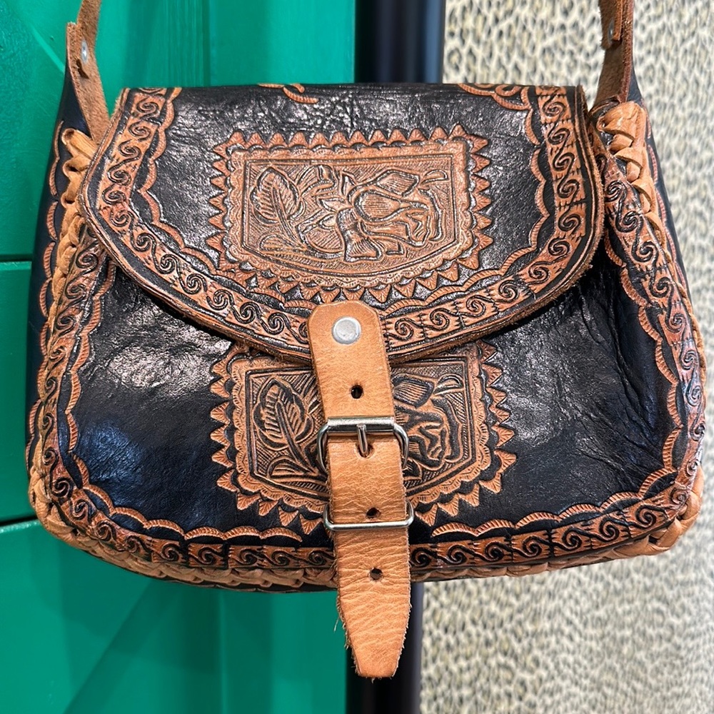Vintage Leather Tooled Floral Cross Body Bag